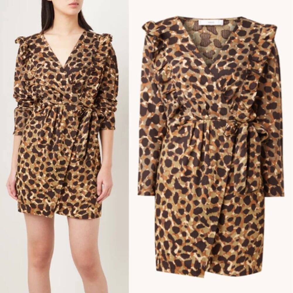 Mango | NWT Covita Brown & Green Crepe Texture Animal Print Faux Wrap Dress